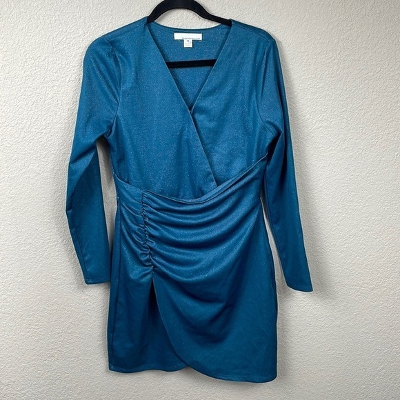 New Fourteenth Place Paulette Metallic Long Sleeve Mini Dress Faux Wrap Ruched M - Picture 5 of 13